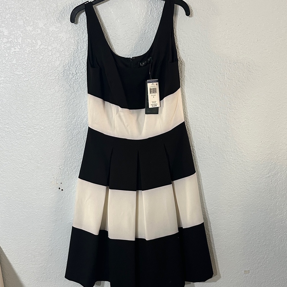 NWT Lauren Ralph Lauren Black Ivory Striped Pleated Mini‎ Dress Size 0 $134